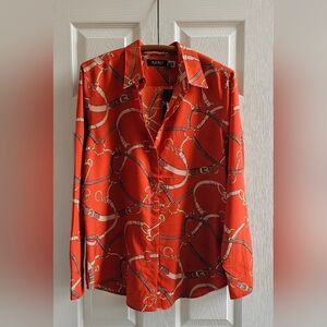 LAUREN RALPH LAUREN Orange Bridle Leather Bit Design Button Up Blousr LARGE NWT